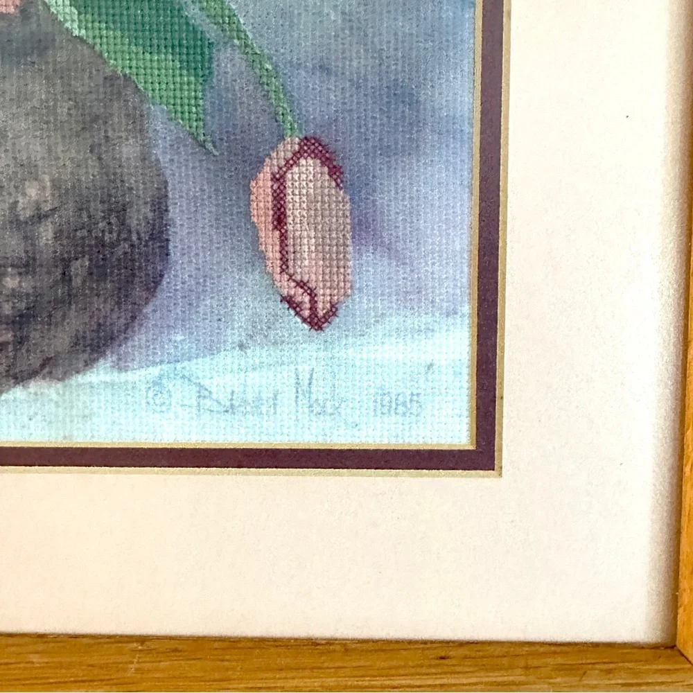 Vtg 1985 Tulip Embroidered Cross Stitch Barbara Mock Signed Floral Print Frame